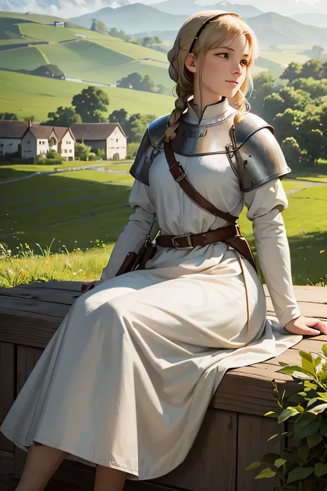 "joan of arc in simple peasant clothing, sitting with her family in a quiet rural village. she smiles, surrounded by a peaceful ...