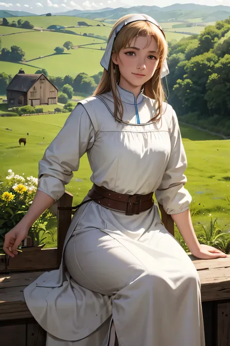 "joan of arc in simple peasant clothing, sitting with her family in a quiet rural village. she smiles, surrounded by a peaceful ...