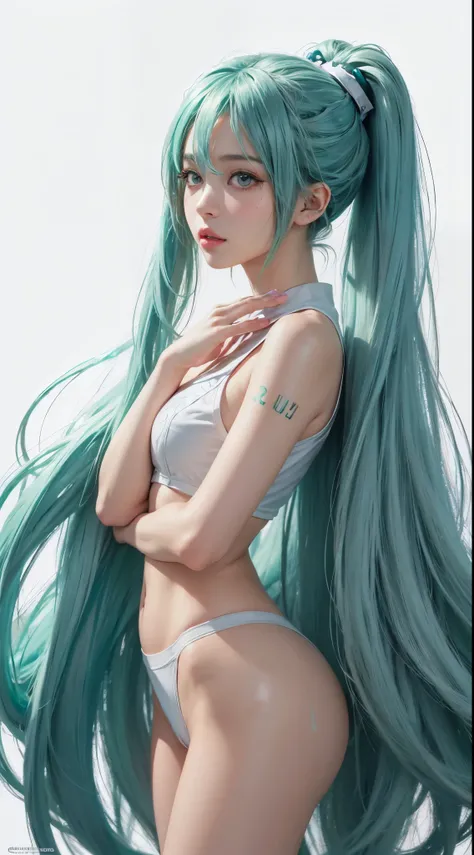 (Hatsune Miku character), Shiny light green hair, Long hair and ponytail, whole body, girl, Perfect body, Perfect Anatomy, double eyelids, Moderate bust, Highly detailed skin texture,(Photorealistic Skin), Ultra detailed face, Thick pink lips, Wet Skin, Hy...