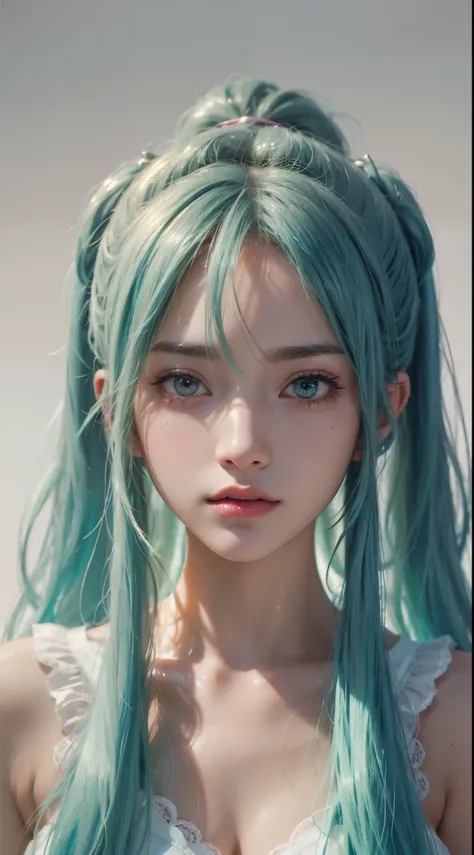 (Hatsune Miku character), Shiny light green hair, Long hair and ponytail, girl, Perfect body, Perfect Anatomy, double eyelids, Moderate bust, Highly detailed skin texture,(Photorealistic Skin), Ultra detailed face, Thick pink lips, Wet Skin, Hyperrealistic...