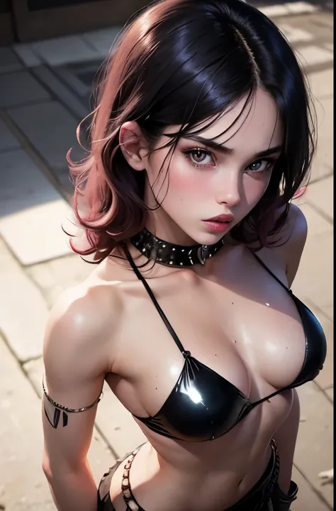 beautiful girl , 16 years,Sexy slim body,  black hair ,  mini skirt with a cropped top , gorgeous eyes  , pink lips , Reddened cheeks  , punk style , bikini, Shiny skin, open chest, open shoulders,beads of sweat,small breasts, thin waist , view from above,...