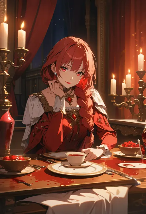 adult woman,One,palace background,dining room,renaissance,Red hair,long braid on the shoulder,Bardot dress,Red dress,sitting at the table,plates with blood,utensil,Candlestick,red candles,at night,traits of vanity,a lot of vanity,smile of vanity,Red eyes,D...