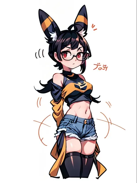 1 girl, small breasts, small hips, red eyes, black hair, crop top, denim unbotoned shorts, bedroom, thigh high stockings, petite, glasses, umbreon ears, thick thighs, 