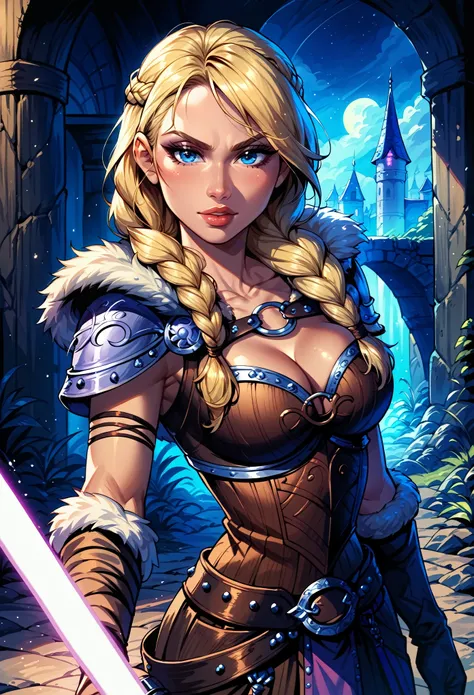 Dark Fantasy Art of score_9, score_8_up, score_7_up, rating_questionable, fantasy, lighting, epiCPhoto 1girl, solo, very sexy smuggler jedi (ASTRIDHOFFERSON, blonde hair, braid, Long hair, blue eyes, fur trim, shoulder armor, armor, pauldron:1.2), cleavage...