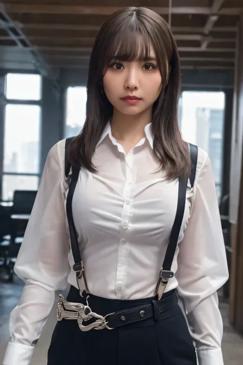 a woman in a suit, belt, hands behind back, sweating, suspenders, black pants, sexly, large breasts, see-through clothing, rain,...