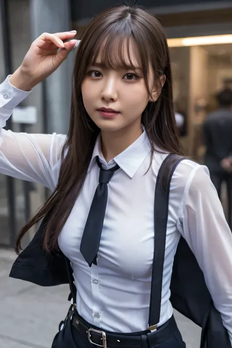 a woman in a suit, belt, hands behind back, sweating, suspenders, black pants, sexly, large breasts, see-through clothing, rain, detective, office worker, white button-up shirt, (best quality,4K,8k,highres,masterpiece:1.2),ultra-detailed,(realistic,photore...