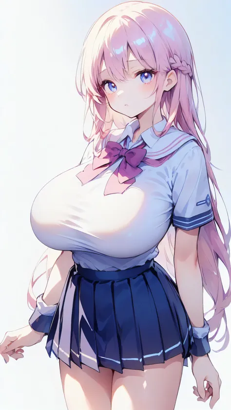 Ultra-high resolution, 8k,high quality,(((Ultra-short stature,Gargari body)),cowboy shot , ((no hat:1.3))),Slender,Cute hairstyle,,(iridescent light,soft shadow,Anime Painting,thin line drawing),((((((super enormous cartoon-like breasts,Young,school unifor...