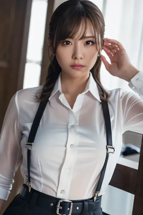 a woman in a suit, belt, hands behind back, sweating, suspenders, black pants, sexly, large breasts, see-through clothing, rain, detective, office worker, white button-up shirt, (best quality,4K,8k,highres,masterpiece:1.2),ultra-detailed,(realistic,photore...