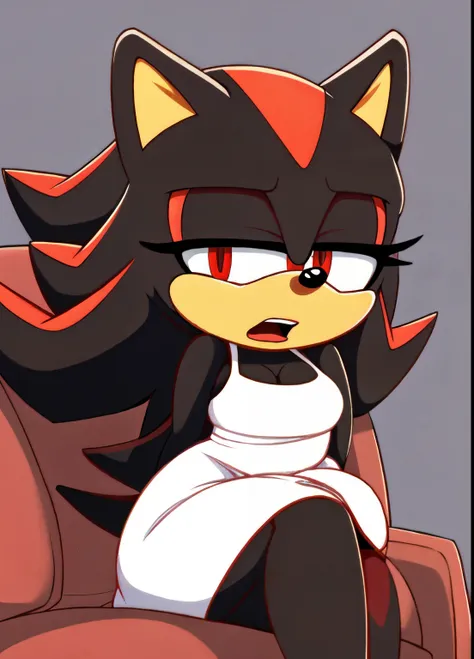 score_9, score_8_up, 2D, hotel suite background, looking at viewer, 1girl, very detailed, extremely detailed, Shadow the Hedgehog from the sonic the hedgehog series, Shadow the hedgehog but female, Female Shadow, portrait, puzzled expression, sound lines, ...