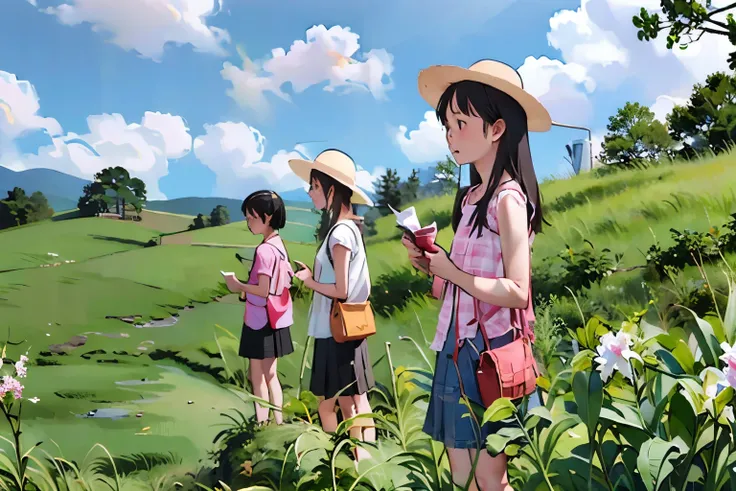 masterpiece, Highest quality,multiple, Three Girls, (countrysideのローカル線の無人駅のホームで)、(Kanoko lily flower)、Black Hair, short hair、Long Hair, Hair Ties, Hairbands, Hair ornaments, Straw hat、Shorts, skirt、Dappled daylight、Summer sky、White cloud、Outdoor, nature, w...