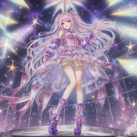 1girl, anime-style, idol, long flowing hair, highly detailed stage outfit, short frilly skirt with multiple layers, metallic and sequin fabrics, intricate lace details, fitted top with elaborate star, heart, and ribbon motifs, high boots with decorative el...