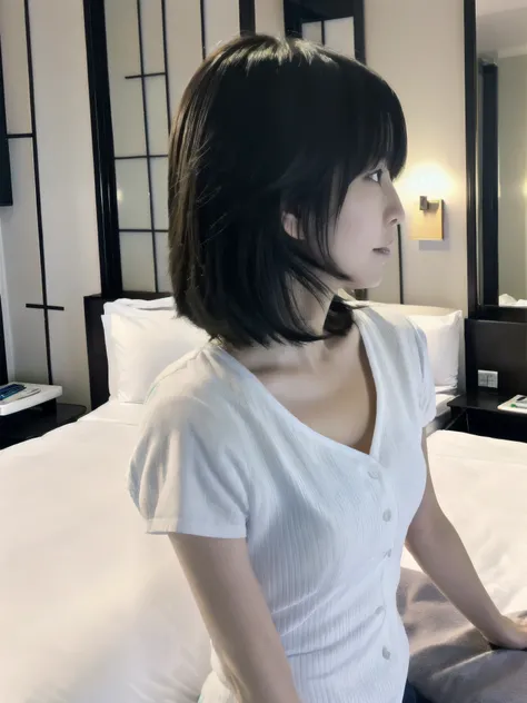 40-year-old Japanese woman、Hotel room with a night view、Rear view、Flat Chest、Slim figure、Black camisole