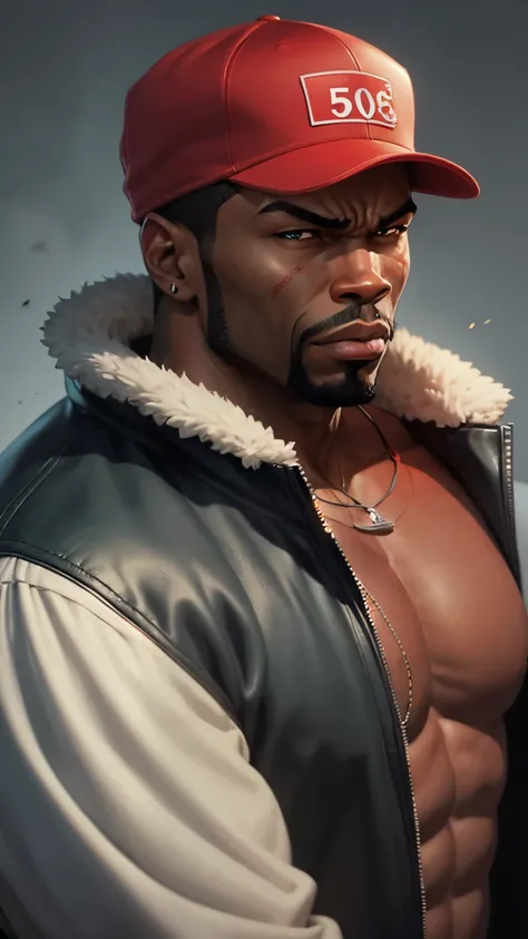 Cartoon of 50 Cent , somente o rosto Homen blacksad,male anime, one caracter,blacksad,Red Cap,3d estilo gangster,anime style,yours, lone,estilo gtav,red cap,skinny only face focus on the face,
