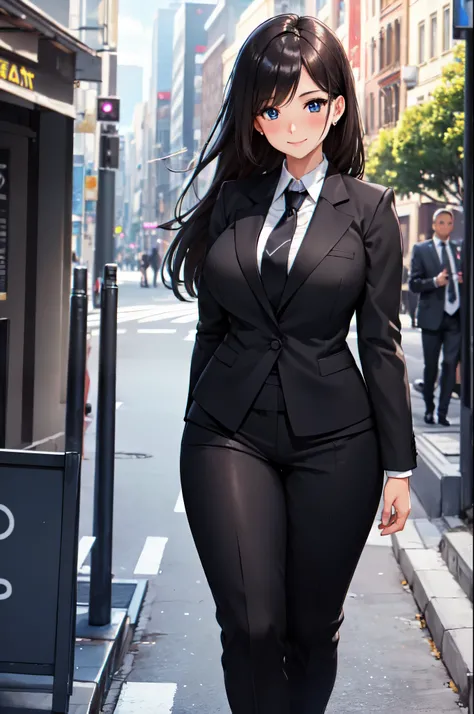 (High quality, High resolution, Fine details), walking in a modern city street, formal black suit, Ties, (solo:1.2), curvy adult women, sparkling eyes, (Detailed eyes:1.2), smile, blush, Soft tones, shallow depth of field