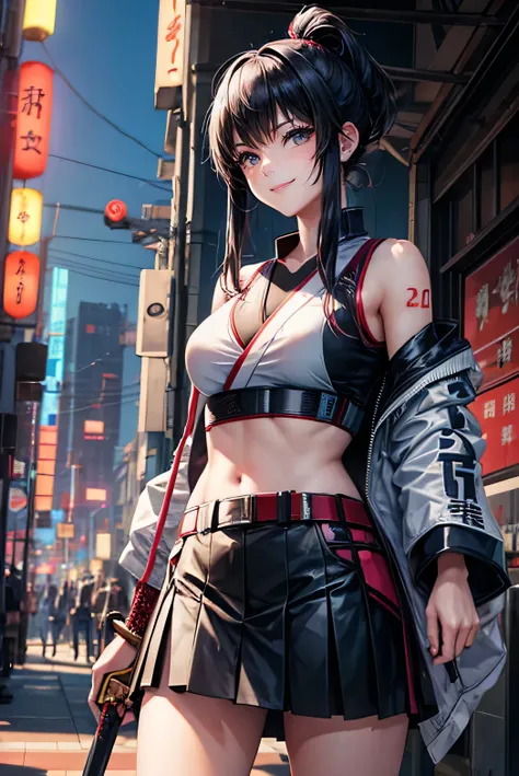 A high school girl with a Japanese sword runs through the near future。Cyberpunk Style . smile