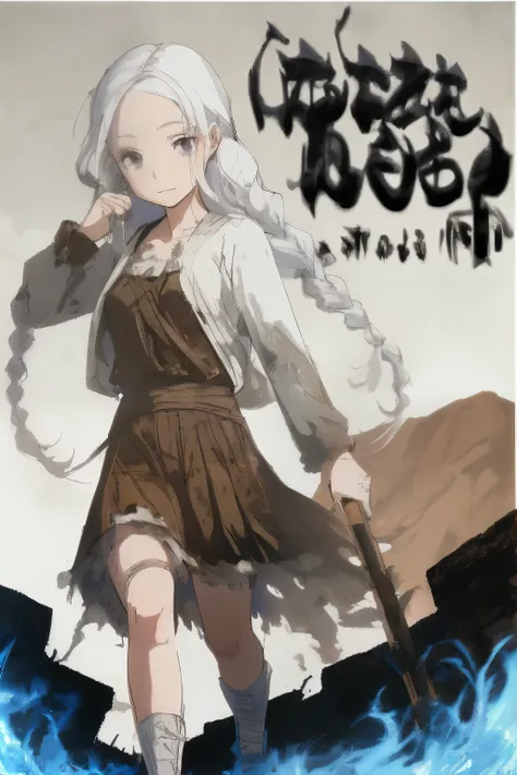 EasyNegative, (worst quality, low quality:1.4), nsfw, (blush:1.3), logo The background is the ruins of a ruined city, with a young girl with white hair, braids, wearing a torn white dress, holding a rusty iron baton, walking away.