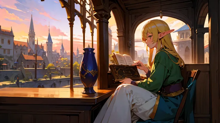 Anime Style,Nostalgic,Detailed background,The medieval world,A lively bar with lots of people,Beautiful sky,Beautiful Elf with a Bard&#39;s Smile,guitar,Large Breasts,Healthy Thighs