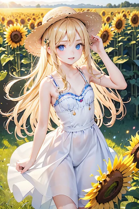 masterpiece,Highest quality,Very detailed,beautiful girl, teenager,Straw hat,A field of sunflowers,,Small breasts,Narrow waist,Straight blonde hair,Perfect Blue Eyes,Very cute,Active pose
