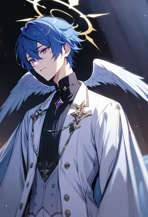 solo, handsome, 1 male, short hair, blue hair, purple eyes, black shirt, white coat, halo, wings
