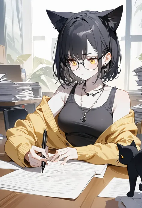 a girl,(black cat ears), black hair,short hair, albino with yellow eyes, wearing black tank top, yellow cardigan,glasses,slacks,...