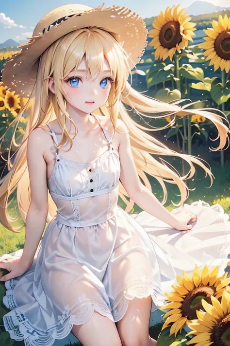 masterpiece,Highest quality,Very detailed,beautiful girl, teenager,Straw hat,A field of sunflowers,,Small breasts,Narrow waist,Straight blonde hair,Perfect Blue Eyes,Very cute,Active pose
