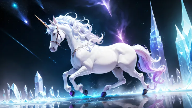 An ethereal unicorn with a body made of pure silver light gallops across an endless plain of brittle crystals. Their manes flow like illuminated mist, and each beat of their hooves makes the ground emit a soft sound of shattering glass. On the horizon, cry...