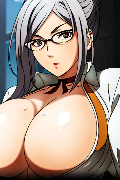 Highest quality、Ultra-detailed 8kcg，Perfect female body、Huge and bouncy breasts、Plus Size Model、Sharp focus、Highly detailed face and skin texture、Wink、Close your mouth、Beautiful Eyes、Eye highlights、Glasses、Half Body