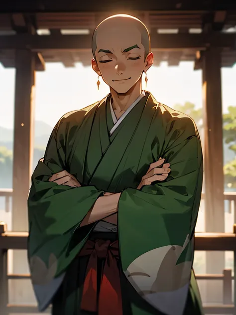 front view,solo, (indian style),(male), (all shaved head),big forehead, male thin eyes, male nose, male mouth,(Japanese monk clothes),crossed arms, closed eyes smile , Sunny Kyoto, bridge