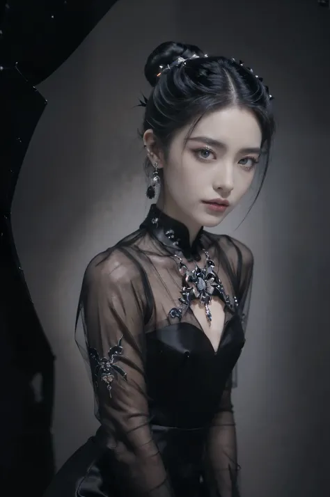 (((best quality))),(((ultra detailed))),(((masterpiece))),illustration,((1 beautiful girl,solo)), mysterious, (Spider Demon from Journey to the West:1.3),(piercing dark eyes:1.3),(neat bun:1.3),(Gorgeous hairpin:1.2),(Black eye shadow:1.5),(black lips:1.5)...