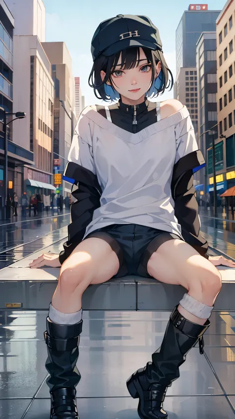 a slender feminine boy with short black hair, sitting with a smirk, wearing a baseball cap,blue off-shoulder shirt, bike shorts, slouch socks and boots, in a street scene, full body, flat chest, best quality, 8k, highres, masterpiece, ultra-detailed, reali...