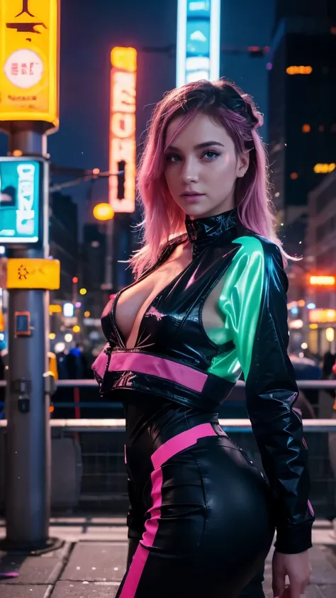 A girl with pulsating energy, colorful neon lights illuminate their surroundings, in a lively urban landscape. 
She wears a futuristic outfit, Your clothes reflect and shimmer with every movement. 
Your eyes are captivating, with a touch of luminous light,...