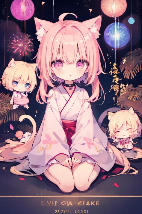 Light pink inner color hair、yukata、Pink Skirt、線香fireworkをつまむ、firework、squat、Sitting with legs crossed、Putting on a collar、Elementary school girl、Very beautiful and Shining Eyes、Shining Eyes、1 person、Cat ear、(((((Small body)))))、heart❤、((Sweat、vapor)）、Big M...