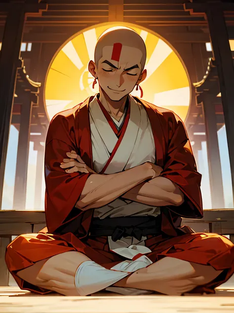 front view,solo, (indian style:1.2),(male), (all shaved head),big forehead, male thin eyes, male nose, male mouth,(Japanese monk clothes),crossed arms, closed eyes smile , Sunny Kyoto, bridge