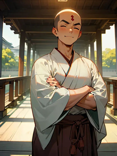 front view,solo, (indian style:1.2),(male), (all shaved head),big forehead, male thin eyes, male nose, male mouth,(Japanese monk clothes),crossed arms, closed eyes smile , Sunny Kyoto, bridge