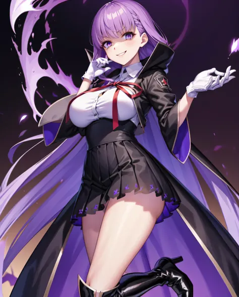 isoscale, mid shot,  night, ,,, purple hair, black jacket, white shirt, black skirt, red ribbon, big breasts, purple eyes, white...