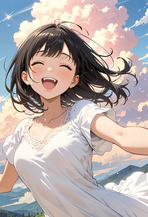 Highest quality, Very detailed, up to date, Vibrant, masterpiece, Highest quality, Best aesthetics, Floating in the sky, on the clouds, Pastel clouds, fly in the sky, Blurred Background, Above, One woman, Black Hair, face up shot, smile, big smile, Get exc...