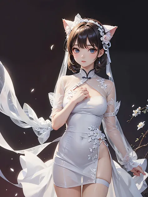 Cat with white ribbon,White sheer Chinese dress