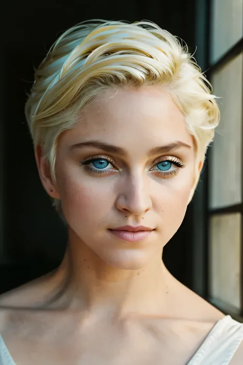 a woman with blonde short hair lies elegantly on a white bed, framed by the soft hues of light gray and light brown, in the styl...