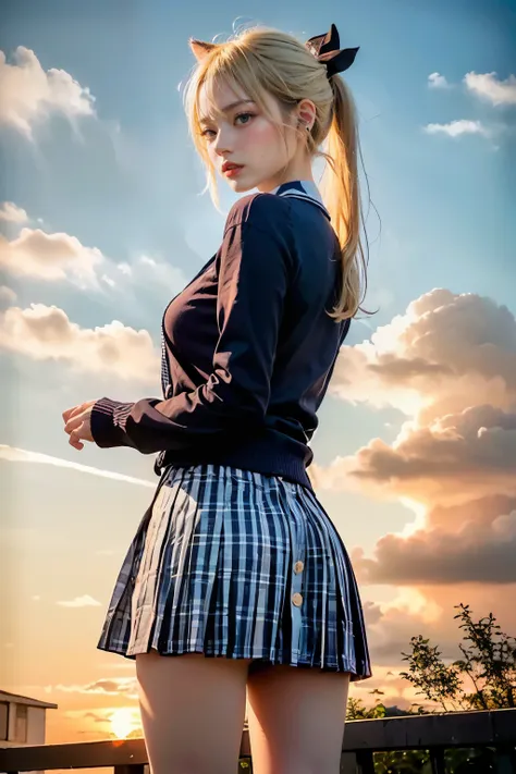 Masterpiece, 4K, bokeh, (School uniform:1.3), (Bright Blonde hair:1.6), (ponytail:1.2),(Blushed face:1.3), (Plump breast:1.2),  (Cat ears:1.3),

((From behind,below):1.5),(Sundown classroom:1.2), (Orange beautiful sky and clouds:1.6)

BREAK (cute school un...