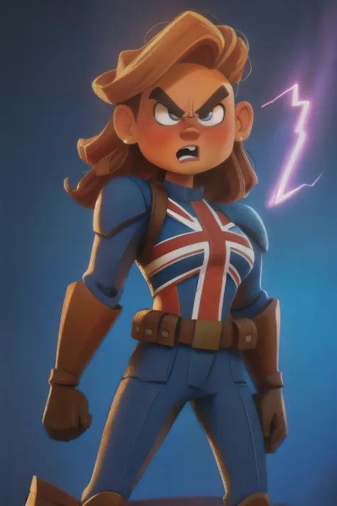 captain carter in her iconic union jack suit, standing heroically on a battlefield, red and blue shield on arm, glowing with ene...