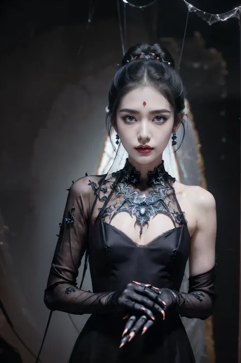 (((best quality))),(((ultra detailed))),(((masterpiece))),illustration,((1 beautiful girl,solo)), mysterious, (Spider Demon from Journey to the West:1.3),(piercing dark eyes:1.3),(neat bun:1.3),(Gorgeous hairpin:1.2),(Black eye shadow:1.5),(black lips:1.5)...