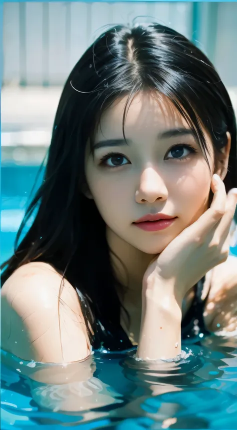 best quality, Super high resolution, (realistic: 1.4), original photo, Head photo, black eye, Detail,one woman、 swimming pool