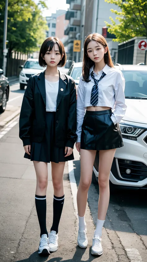 High detail, Textured skin, Very detailed, Ultra high definition, High-resolution model, Detailed face、bare navel、Twins, two girls, two high school girls、(((flat chest))), (flat chest:1.1)、 14years、a junior high school student、School Uniforms、Cute, young, ...