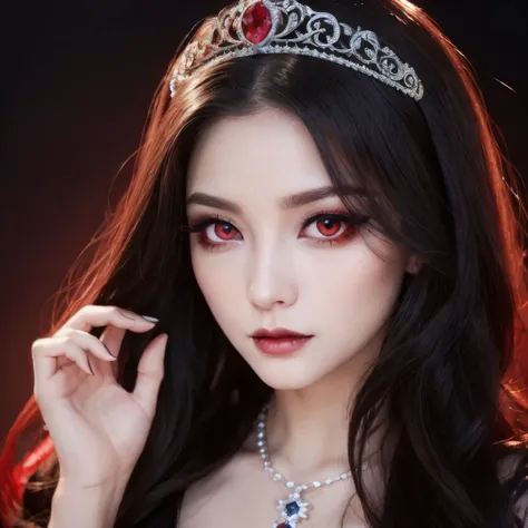 best quality、masterpiece、8k、winning photo、Hyper Realism、vampire princess、The Perfect Vampire、恐ろしいvampire princess、natural forehead、spooky、White skin、evil makeup、(Close up photo of face)、(A composition that fits your face perfectly)、Beautiful professional c...