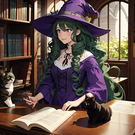Witch with green curly hair, Curly, long hair. in a purple dress. In the library with cats.