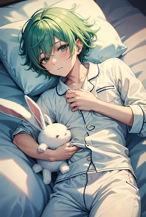 "A young man with vibrant green hair and piercing green eyes, fast asleep while clutching a fluffy white bunny plushie. Hes wearing comfortable pajamas and looks peaceful in his slumber."High Resolution, Closed Mouth, Illustration, Solo, 