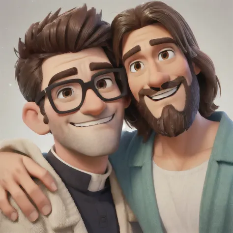 Image of a brown-eyed man and a woman hugging each other, rhett e link, nicodemus, animated film, Inspired by Scott Gustafson, Christian art, sacred theme, your guy, gigachad Jesus, christianism, crystallized, Jesus wasted in a , avatar image, JesusChrist,...