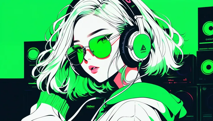 illustrator, アニメ , realistic ,sketch , 1 girl, ,lip, sweater,Order,  gradient background, neon hair,Textured trim, Canadian, (masterpiece,Best quality) ganyou, Otherworld fantasy character ,dj, dj booth, dancing to music, nightclub, (Green eyes with a stro...