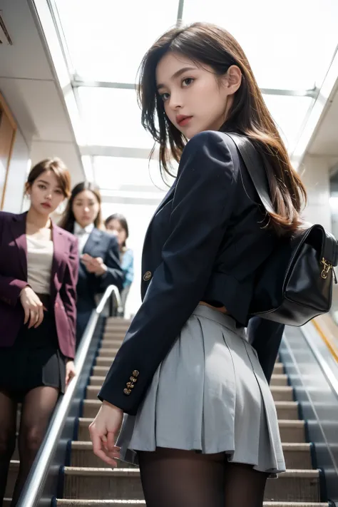 ((Highest quality)), ((masterpiece)), (Familiar),  High school students on the way to school are riding on an escalator、Glare、Navy Blazer、mini skirt、Ultra-realistic pantyhose:1.3、Rear View、Peep、(Directly shot from below)、Voyeur、Close-up of calves in pantyh...