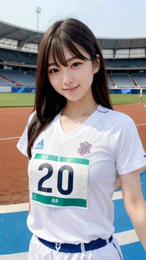 Highest quality、Realistically、Radiant Skin、Japanese women、Around 20 years old、Gravure idol、Athletics stadium with spectators、Track competitions、Bib number printed with Roman numerals、Uniforms with manufacturer logo、A refreshing smile、